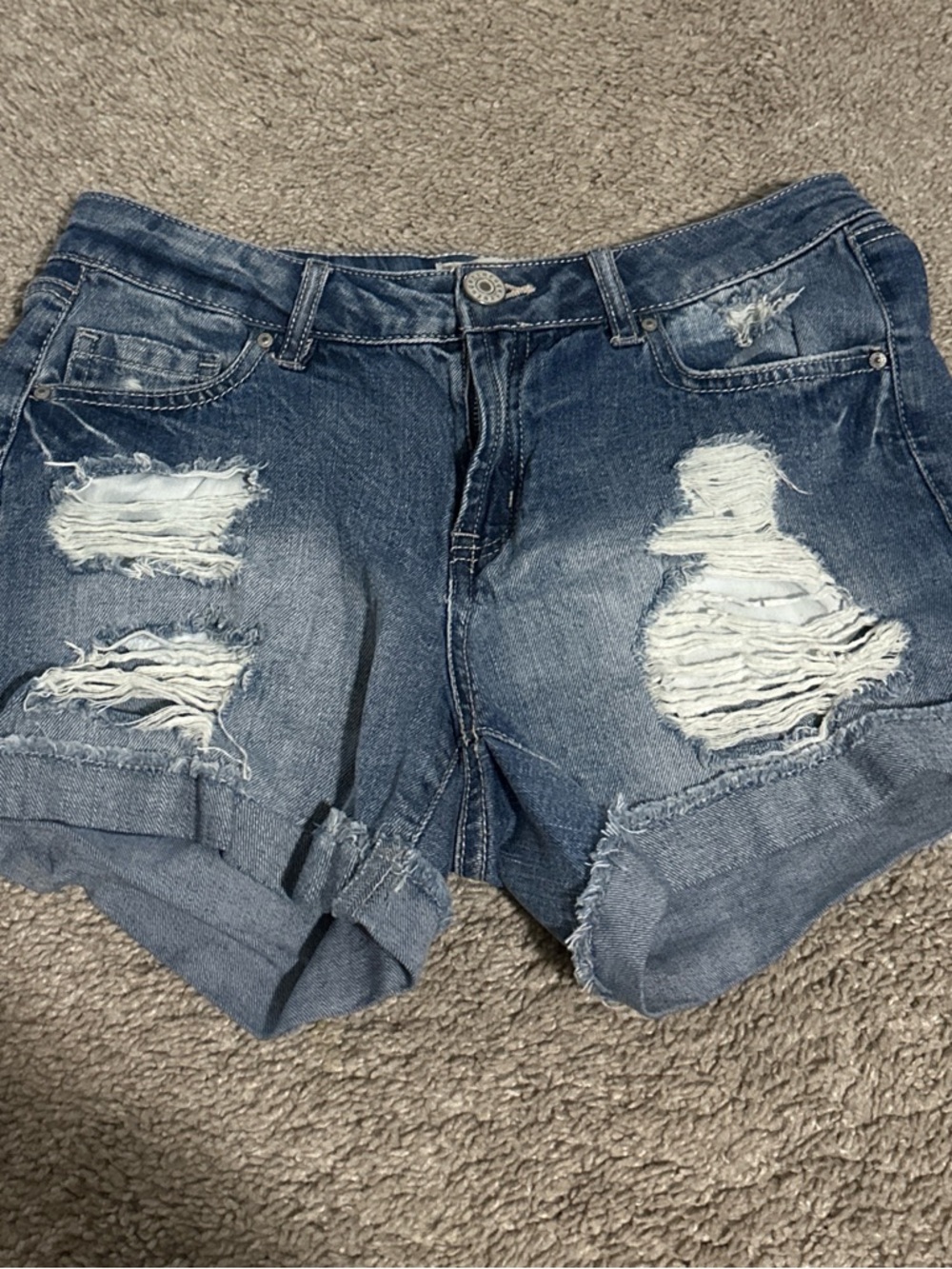 Distressed Denim Roll-Cuff Women's Shorts - Blue
